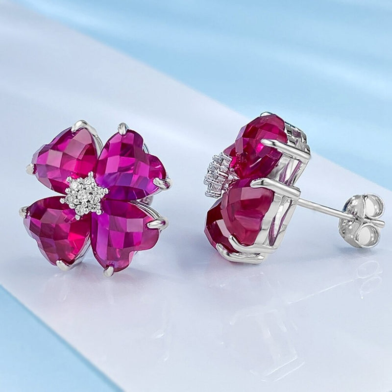 Sterling Silver Flower Ruby and Diamond Earrings for Women