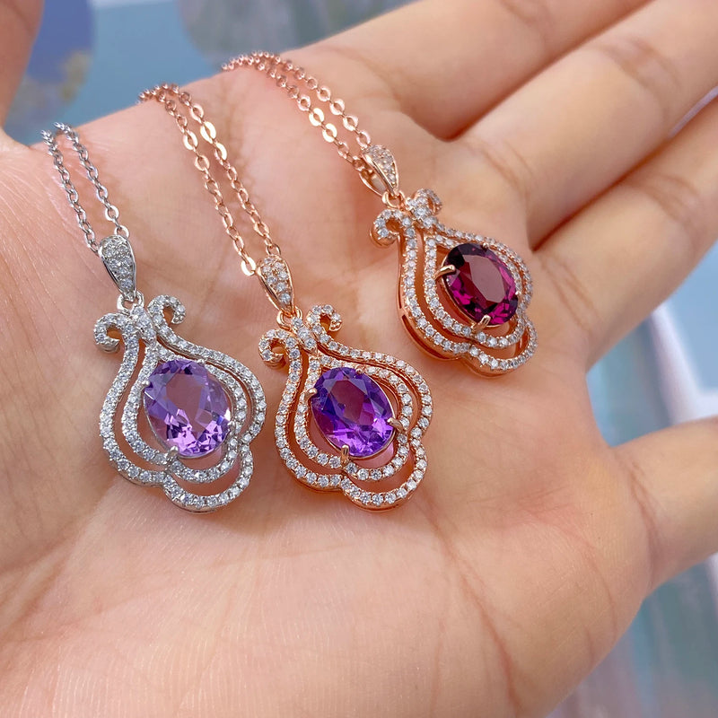 925 Sterling Silver Rose Gold Plated Amethyst Pyrope Zircon Pendant Necklace for Women