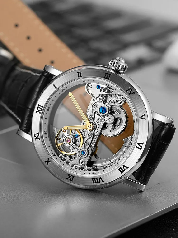 Stainless Steel Leather Transparent Skeleton Mechanical Watch with Luminous Hands for Men