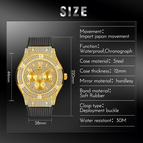 Gold Iced Out Diamond Quartz Chronograph Watch with Rubber Strap for Men