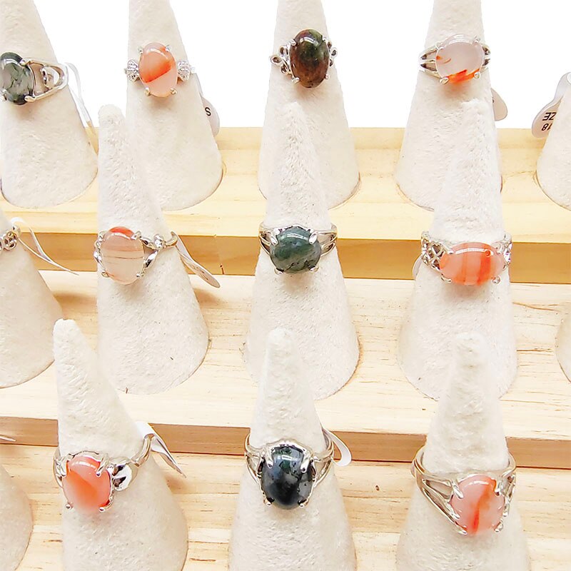 20pcs/Lot Wholesale Hot Mix Style Natural Stone Finger Rings For Women New Luxury Agate Green Grass Stone Ring Party Gifts Girl