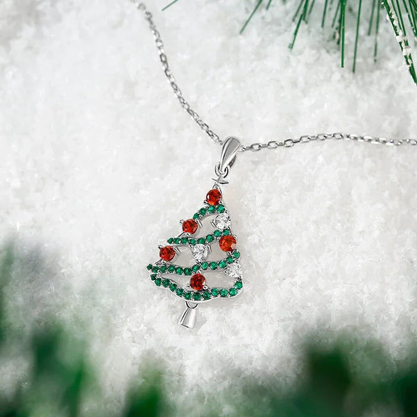 Silver Christmas Tree Pendant Necklace with CZ Stones for Women