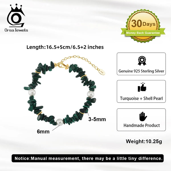 Sterling Silver Malachite and Shell Pearl Chain Bracelet for Women