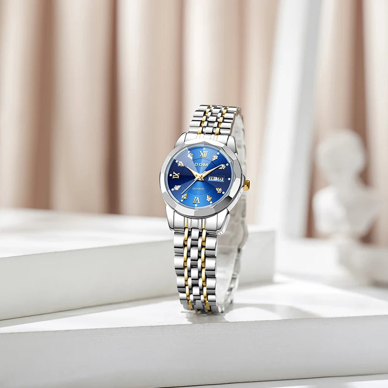 Stainless Steel Calendar Quartz Wristwatch for Women