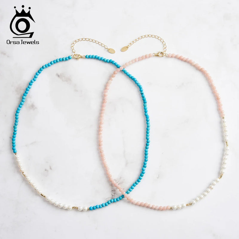 14K Gold Turquoise & Shell Pearl Chain Necklace for Women