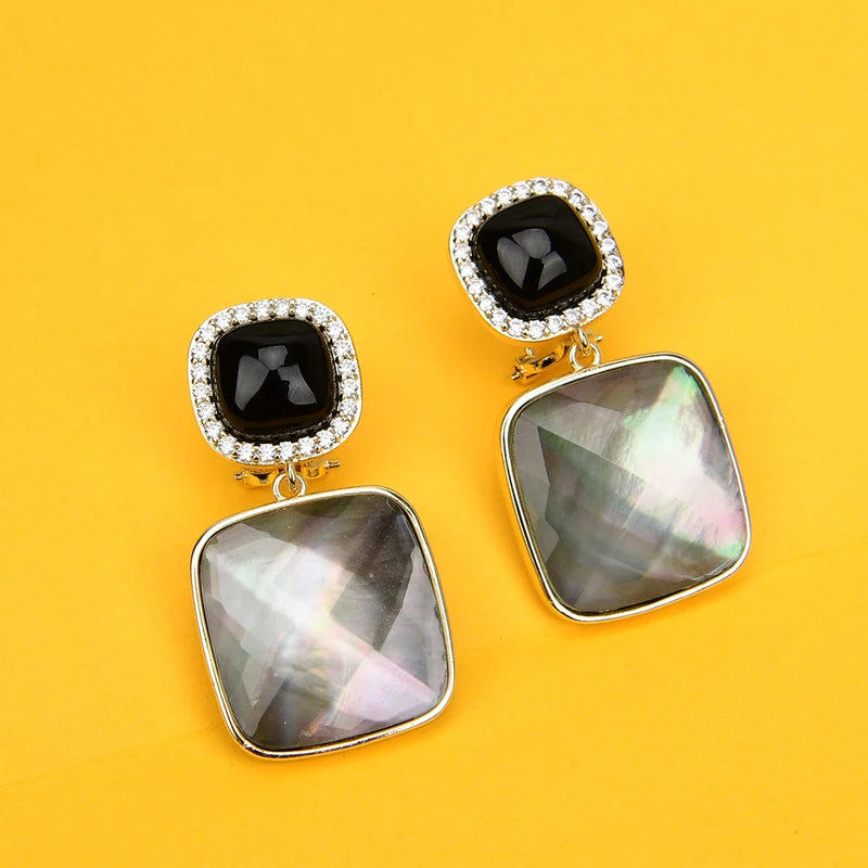 Sterling Silver Black Sea Shell Square Stud Drop Earrings For Lady