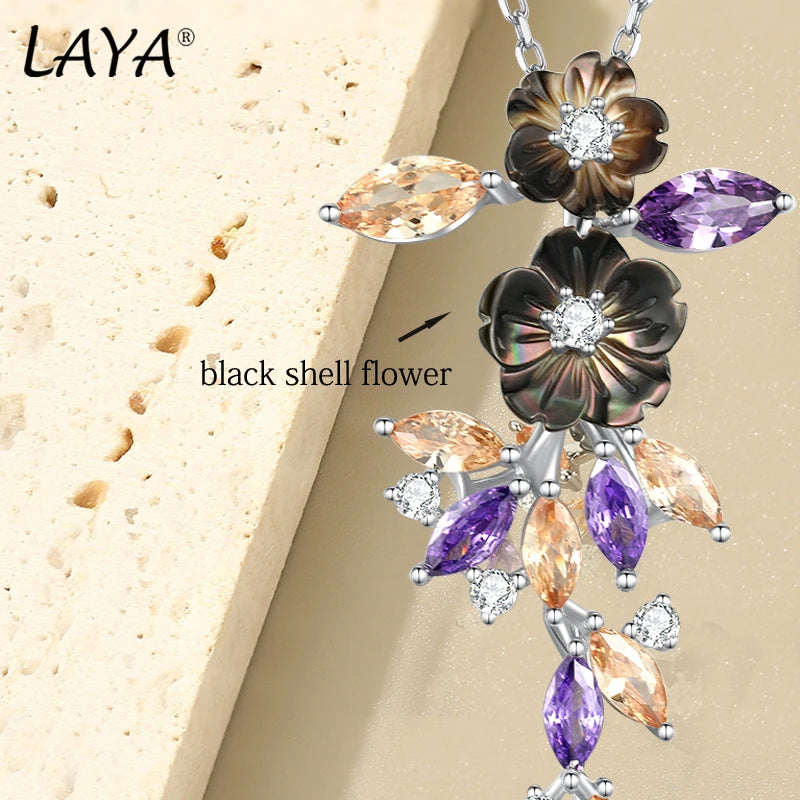 Silver Floral Pendant with Purple & Yellow Zircon Necklace for Women