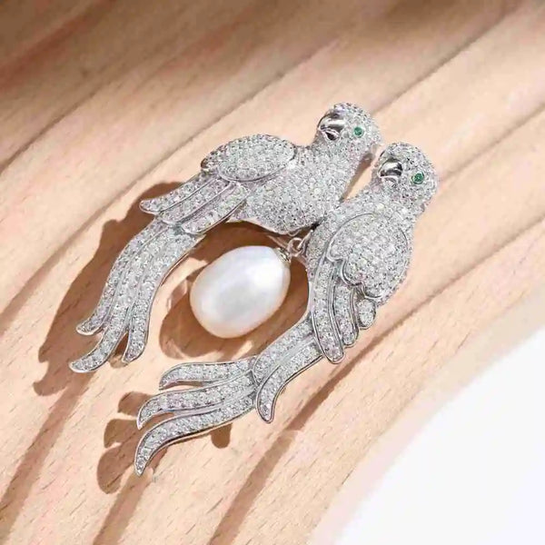 925 Sterling Silver Freshwater Pearl Diamond Cocktail Brooch for Women