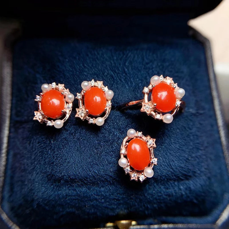 925 Sterling Silver Natural Red Coral Flower 3-Piece Jewelry Set for Women