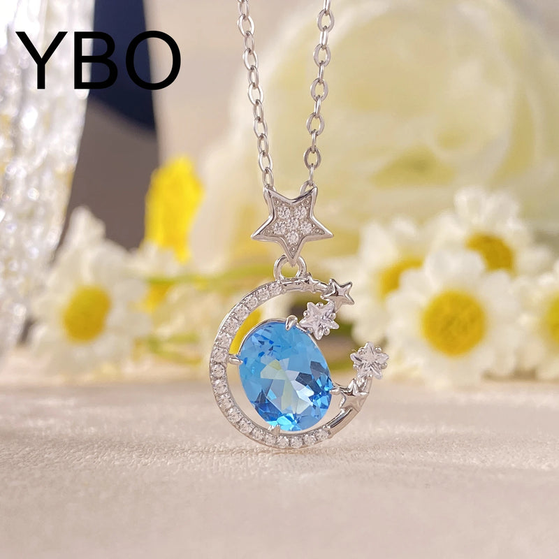 925 Silver Blue Topaz Moon and Star Pendant Necklace for Women