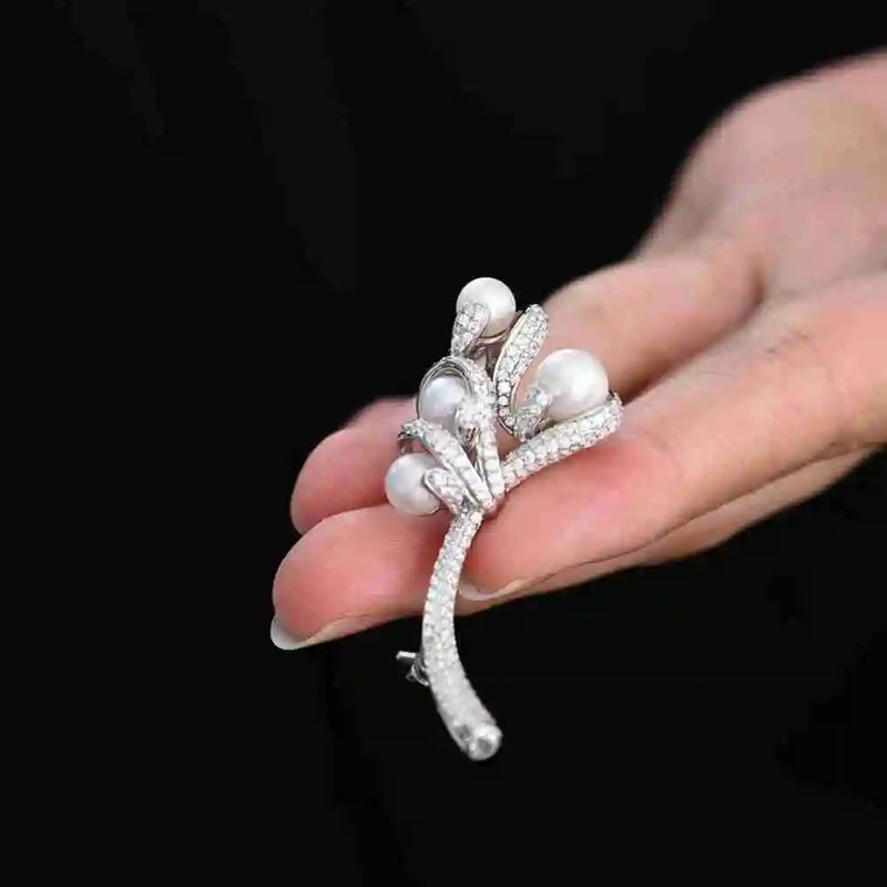 925 Sterling Silver Freshwater Pearl Sapphire Diamond Brooches for Women