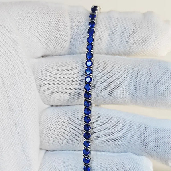 925 Sterling Silver Sapphire Blue Zircon Tennis Bracelet, 18-19cm for Women