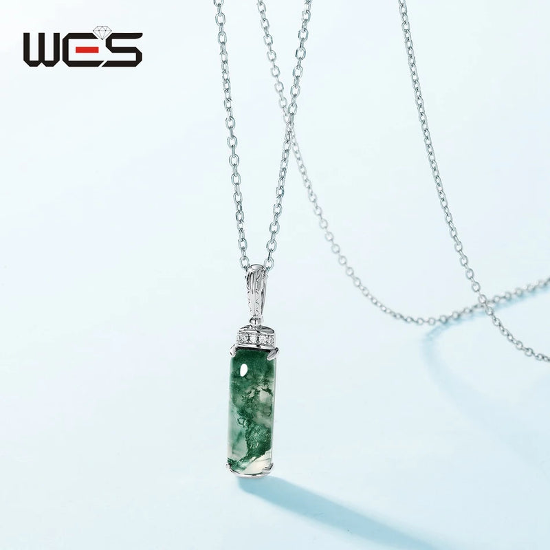 925 Sterling Silver Moss Agate Pendant Necklace for Woman