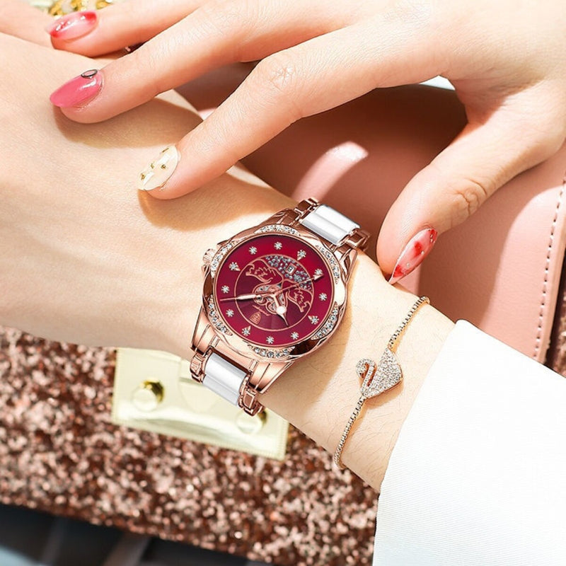 Rose gold Quartz Watch with Leather Bracelet for Women