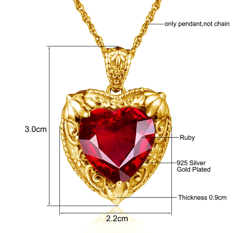 Gold Ruby Heart Pendant Necklace for Women