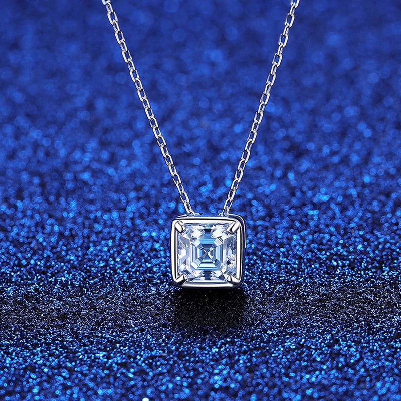 925 Sterling Silver Asscher Cut Moissanite Diamonds Pendant Necklace with VVS1 Clarity and D Color for Women