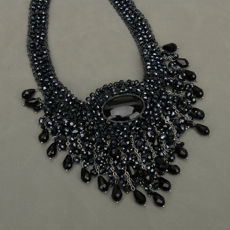 Sterling Silver 18" Braided Black Crystal Choker Necklace for Her.