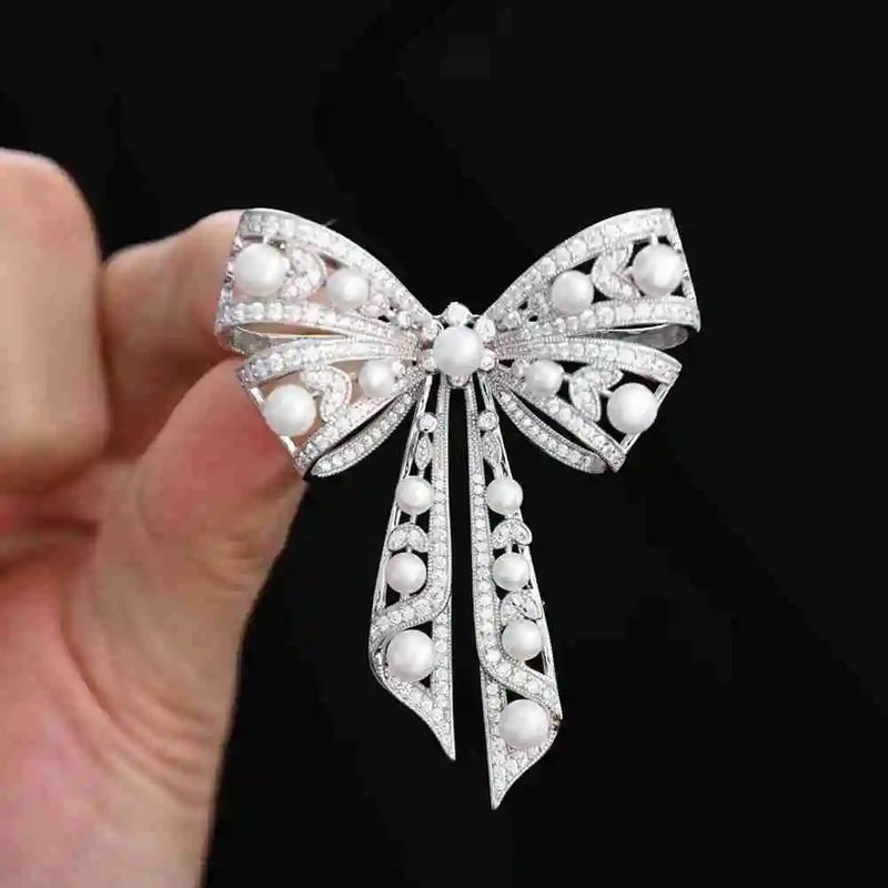 925 Sterling Silver Freshwater Pearl White Sapphire Diamond Bow Brooch for Women