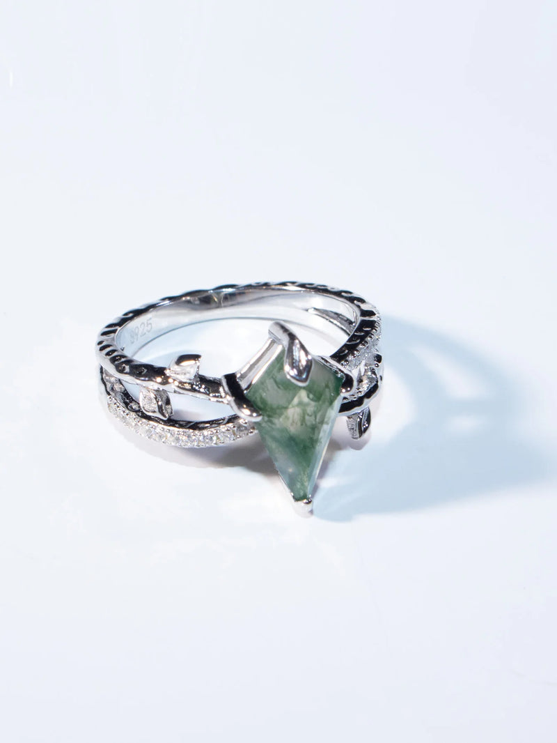 Sterling Silver Green Water Grass Agate Ring for Woman