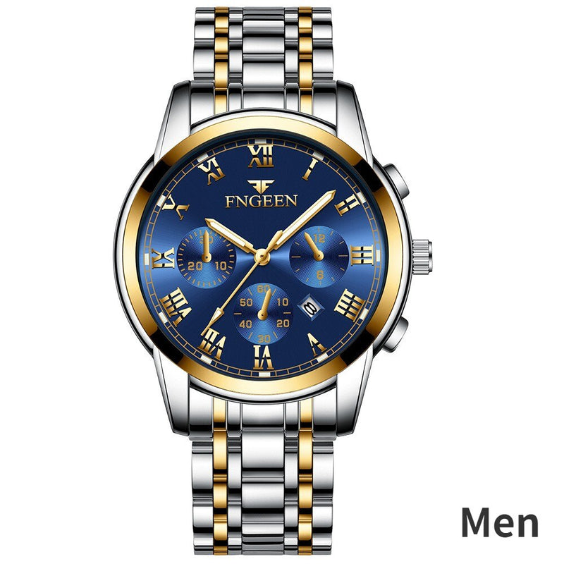 Stainless Steel Black Luminous Calendar Date Watch with three eyes and six pins for Men and Women