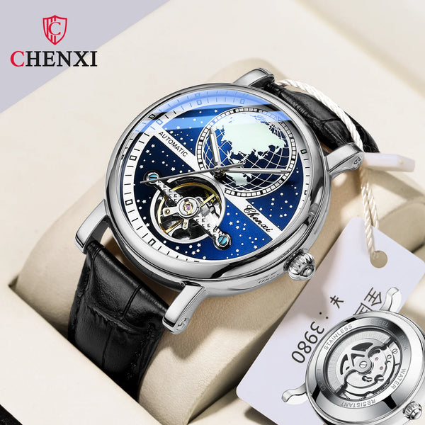 Stainless Steel Classic Map Dial Automatic Mechanical Waterproof Luminous Watch for Men