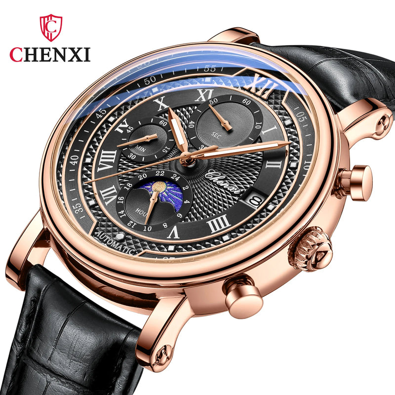 Stainless Steel Leather Chronograph Date Phase of the Moon Watch for Men