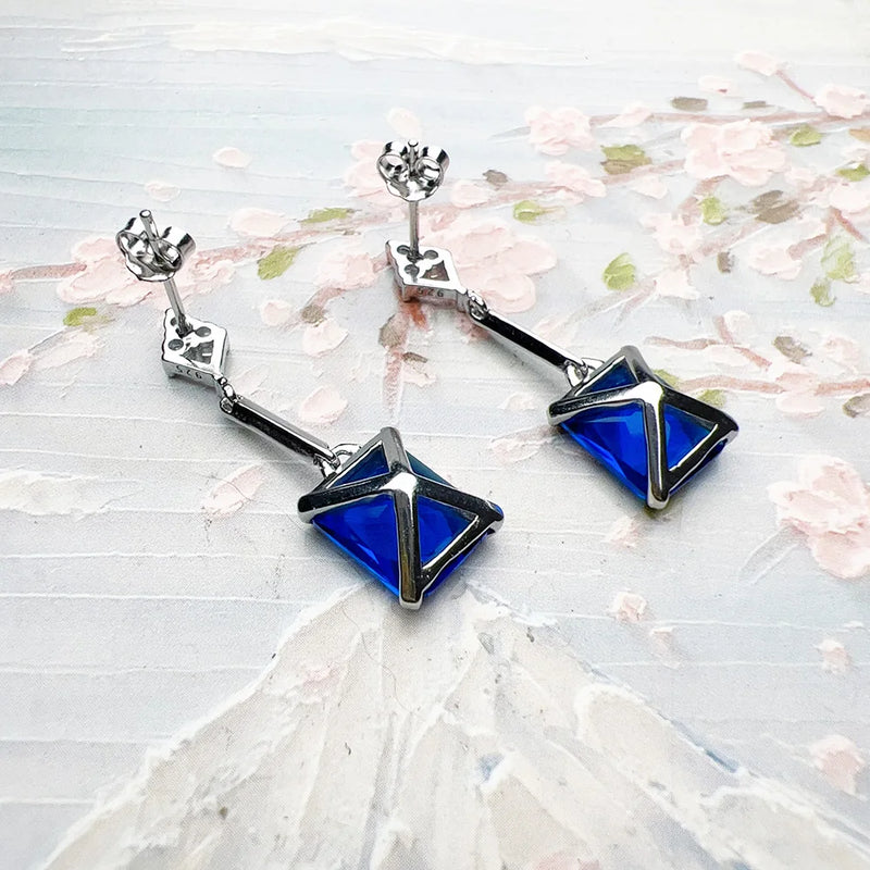 Sterling Silver 925 Sapphire Blue Stones Dangle Earrings For Women