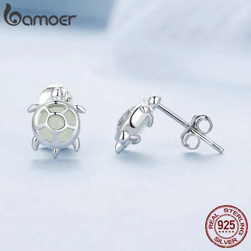 Sterling Silver Sea Turtle Stud Earrings with Luminous Stone for Women