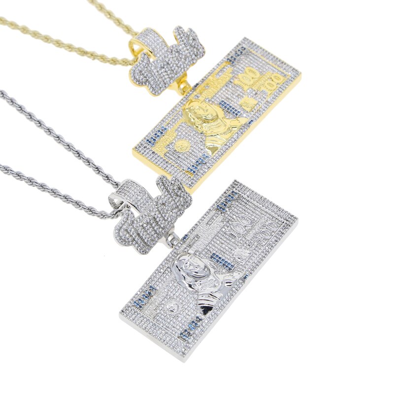 Gold Plated Bling CZ Time Is Money Dollar Pendant Necklace for Men