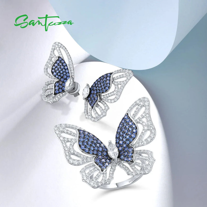 Sterling Silver Blue Nano/White CZ Butterfly Earrings and Ring Set for Women