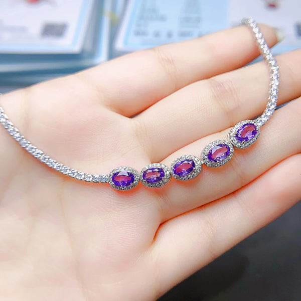 S925 Sterling Silver Inlay 4*6 Natural Amethyst Bracelet With Certificate Fine Charm Wedding Jewelry for Women