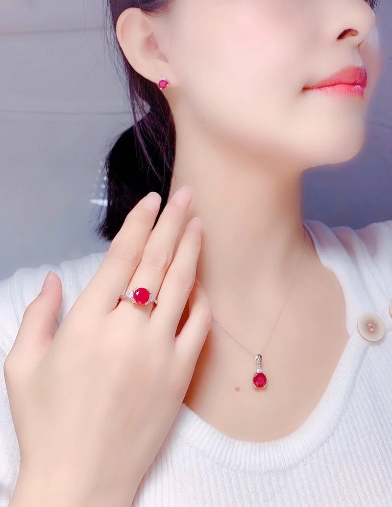 925 Sterling Silver Ruby Gemstone Jewelry Set for Women