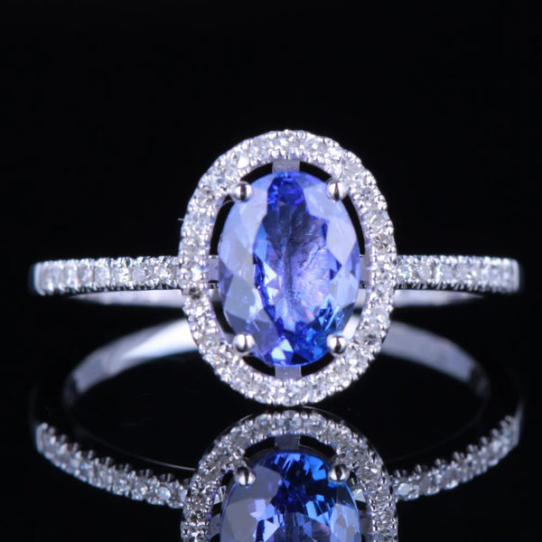 10k White Gold Oval Tanzanite Solid Ring with Diamonds for Women