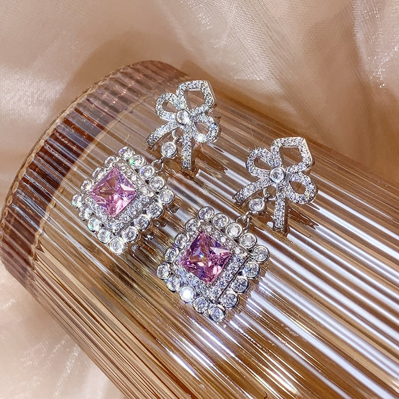 925 Silver Pink Diamond (Square Inlaid) Bow Earrings for Women