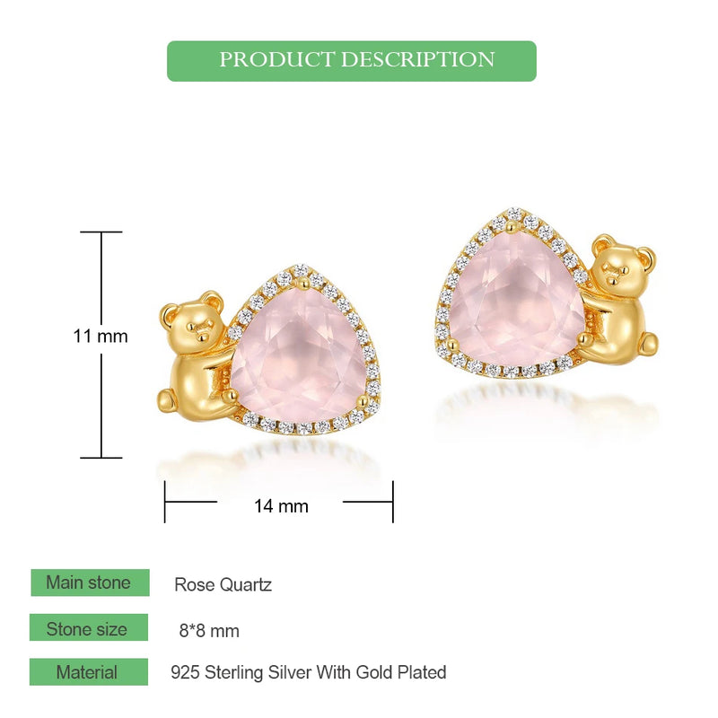 925 Sterling Silver Rose Quartz Cartoon Bear Stud Earrings for Women