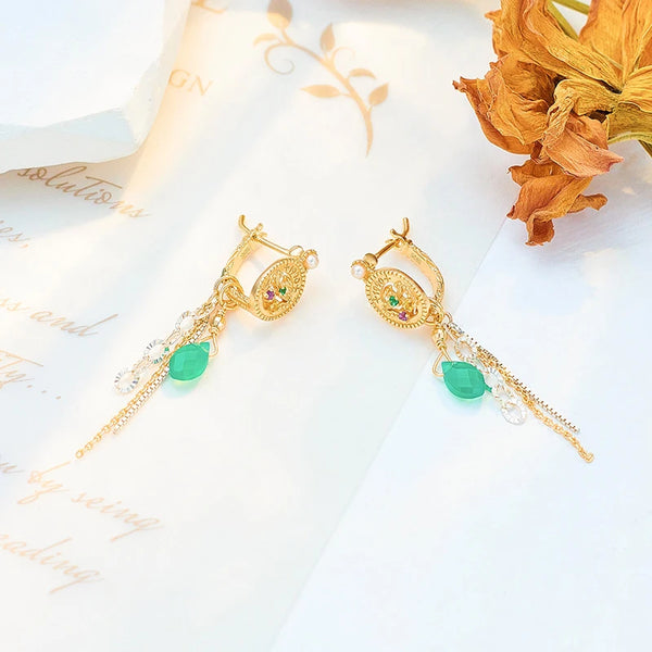 925 Sterling Silver Gold Plated Chalcedony Tassel Earrings For Women