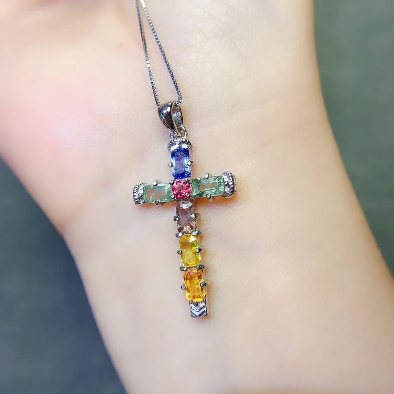 925 Silver Sapphire Cross Pendants for Her