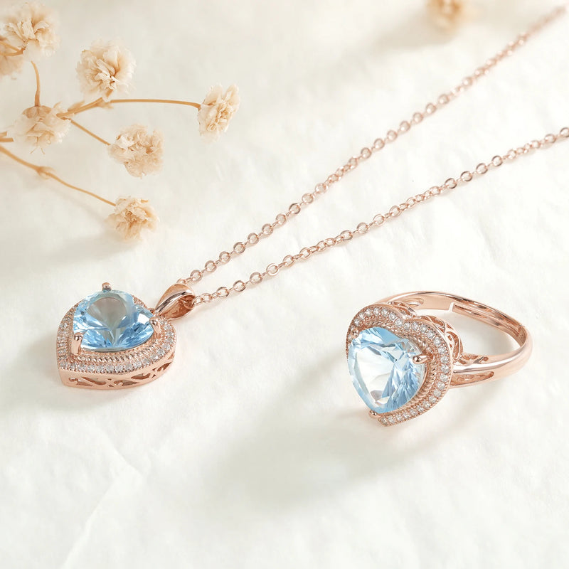 925 Sterling Silver Blue Topaz Necklace and Ring Set for Women