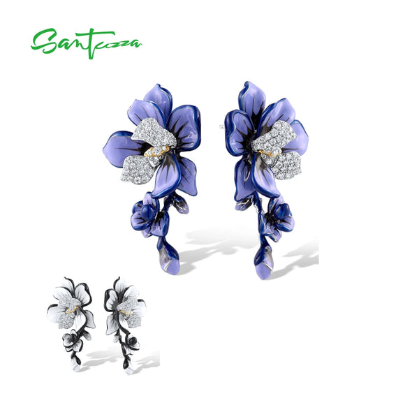 Sterling Silver Stud Earrings with Purple & White Enamel Flowers for Women