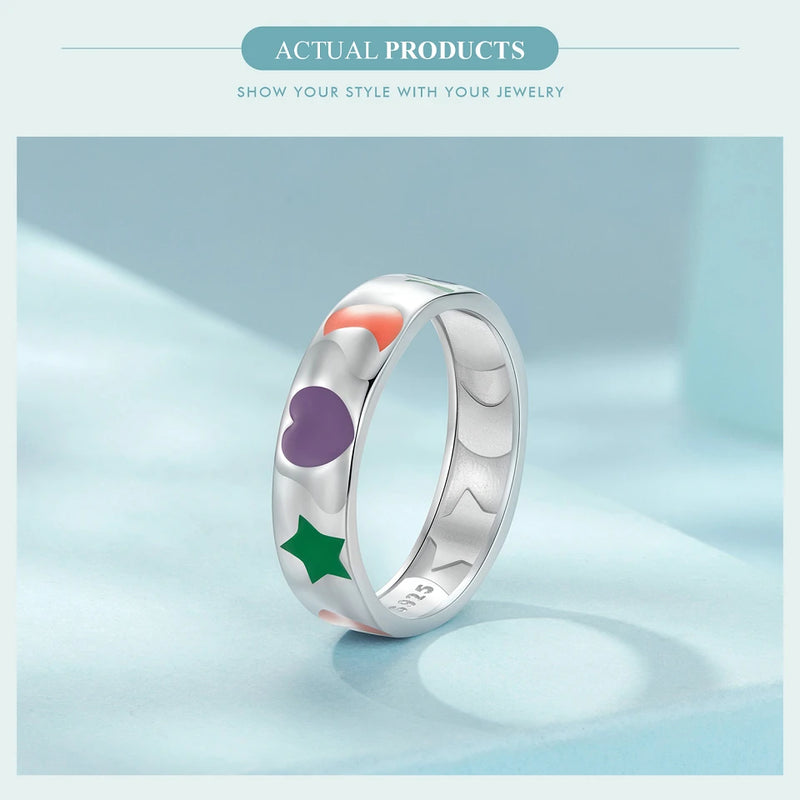 925 Sterling Silver Rainbow Enamel Wide Ring for Women