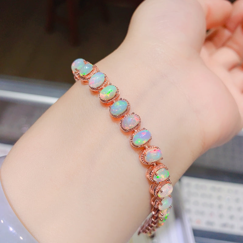 Sterling Silver Natural Opal Bracelet Colorful Stone Bangle for Women