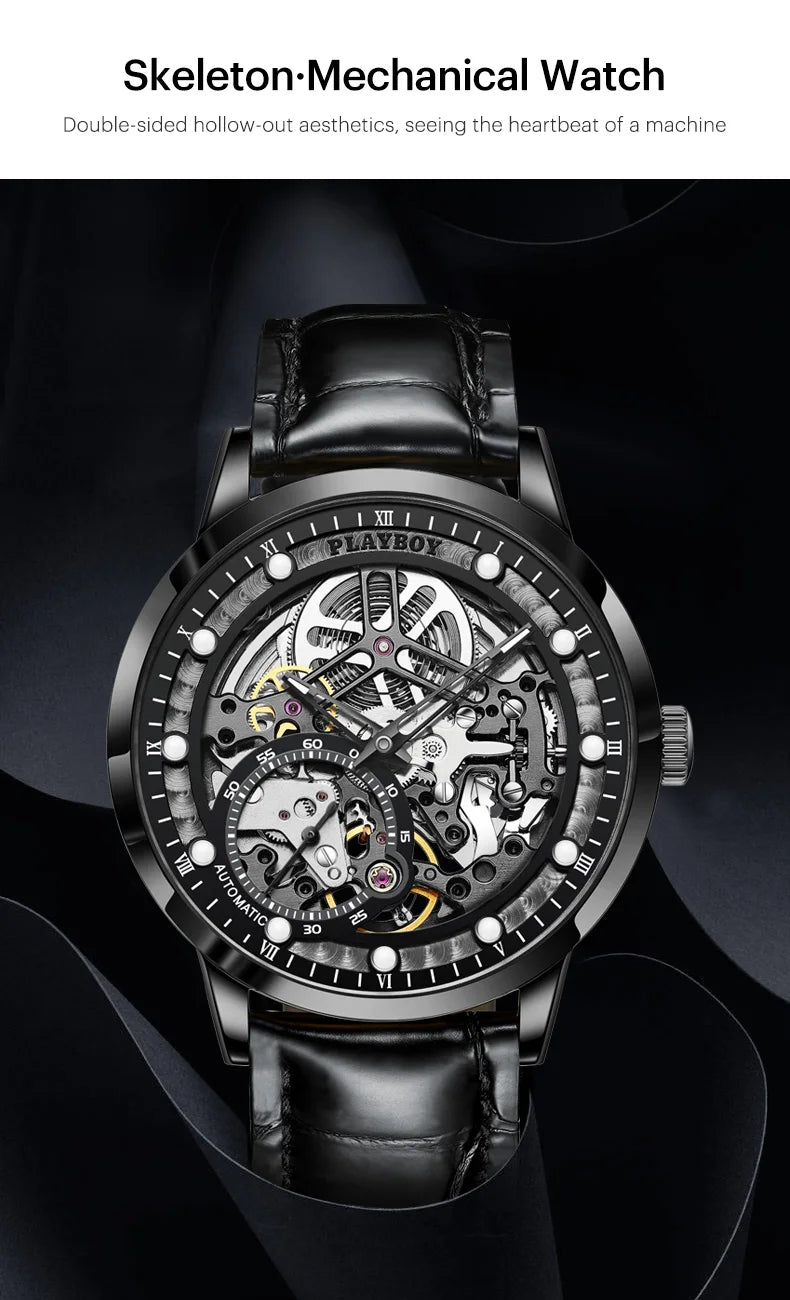 Stainless Steel Leather Strap Skeleton Automatic Mechanical Watch for Men