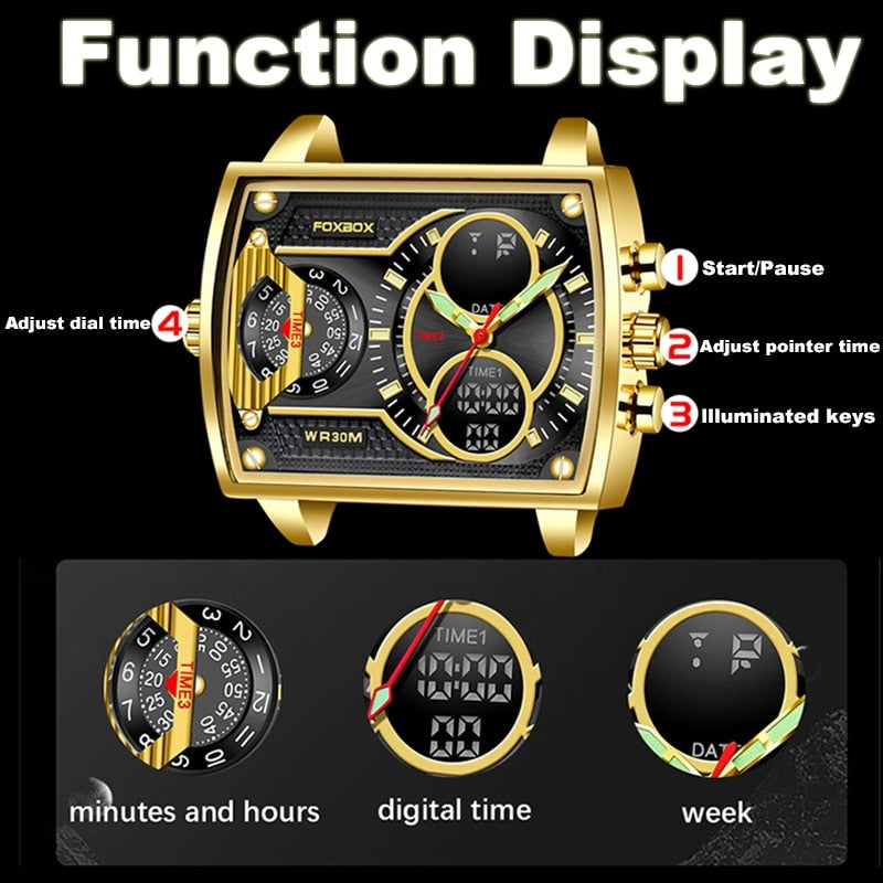 Stainless Steel Square Luxury Watch with Double Display for Men