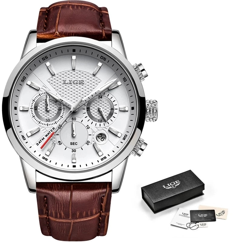 Stainless Steel Leather Casual Quartz Watch with Date & Chronograph for Men