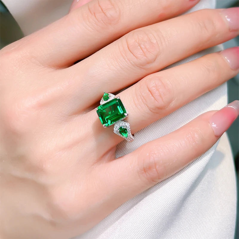 925 Silver Green Tourmaline Emerald Cut Ring for Women