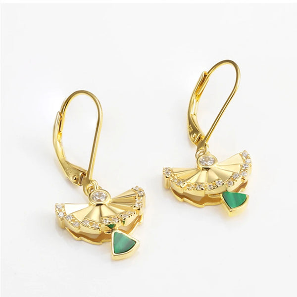 Silver Gold Plated Natural Malachite Dangle Earrings with Zircon, Geometric Fan Shape For Women