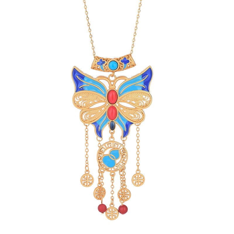 Enamel Bow Tassel Pendant Necklace in Chinese Style for Women