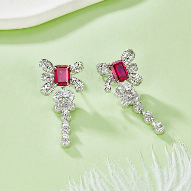 Sterling Silver 4.00ct Emerald Cut Ruby Sapphire Diamond Bowknot Drop Earrings for Women