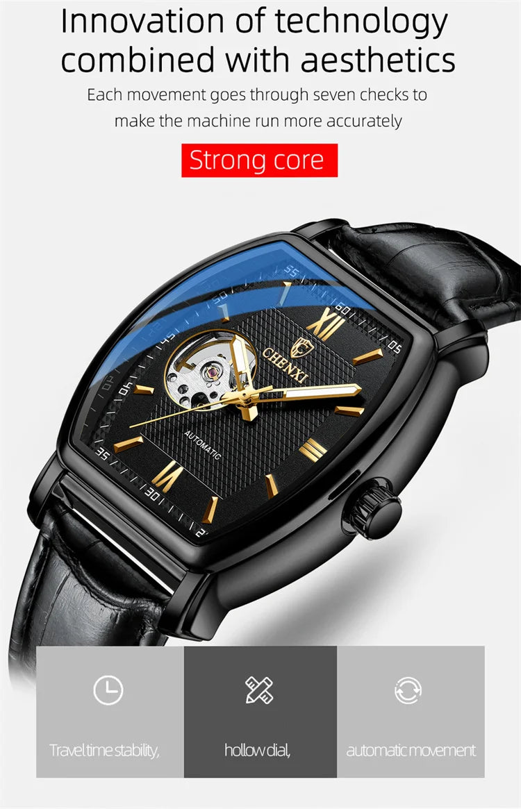 Stainless Steel Fashion Square Hollow Out Mechanical Watch for Men