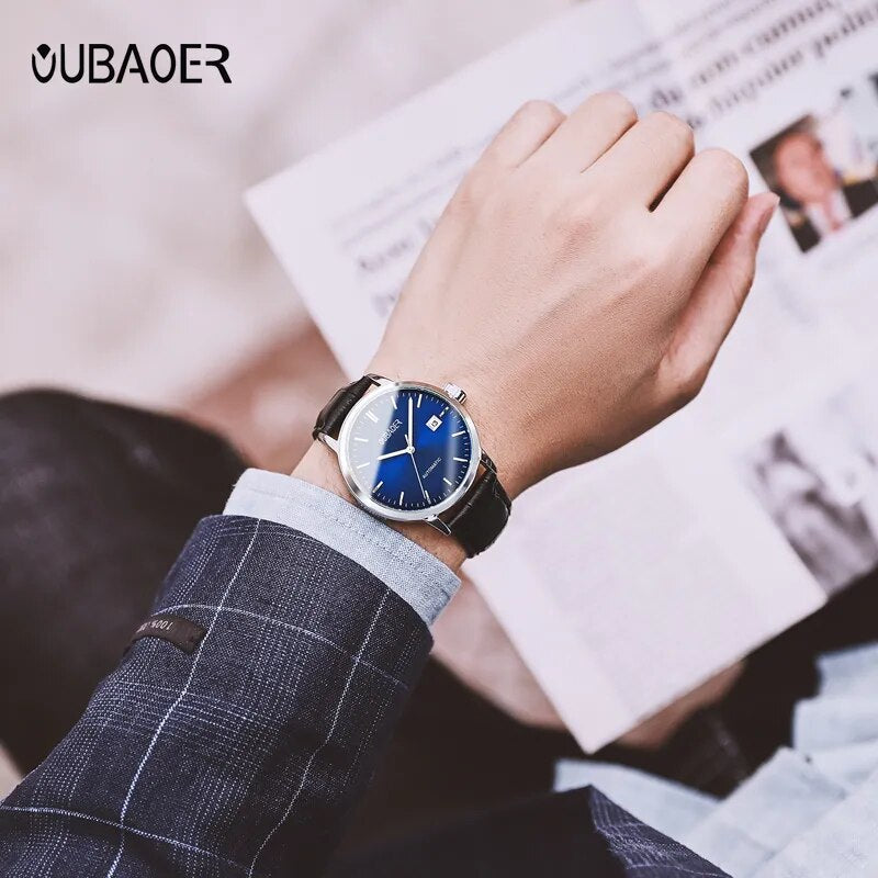 Stainless Steel Leather Strap Automatic Mechanical Wristwatch for Men